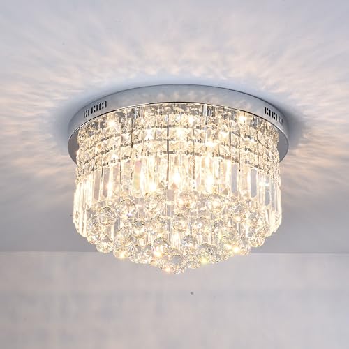 Image of Flush Mount Ceiling Light Fixture for Bedroom, 20-in Wide Dimmable Crystal Chandelier, Chrome Finish, Video Availablle for Easy Installation