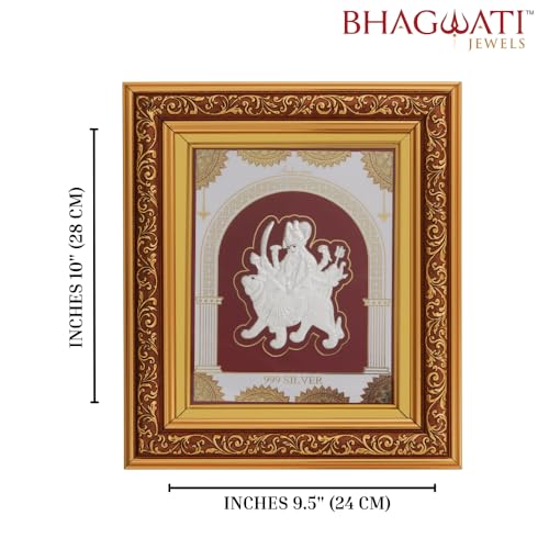 Image of 999 Pure Silver Durgamaa Frame | Divine Home Decor | Wall Mount Square Photo for Gift, Wooden PhotoFrame for Temple & OfficeDecor, SilverGift Items | hangingframe (10.50 inch x 9 inch Inch)