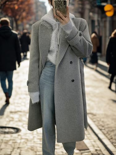 chouyatou Women Double Breasted Wool Coat Lapel Collar Long Peacoat Business Casual Trench Coat with Belt2