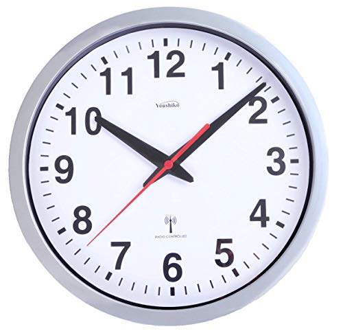 Youshiko Radio Controlled Wall Clock (Official UK & Ireland Version) Stylish Silver & White Bold Classic Design (25cm / 10-Inch Diameter) Home/Kitchen/Office/School Clock Easy to Read