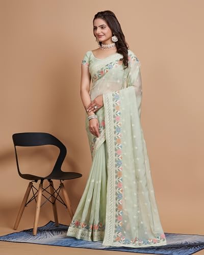 Image of VAIRAGEE Women Soft Organza Embroidery Traditional Flower Pattern Beautiful saree with unstitched blouse piece (6159)