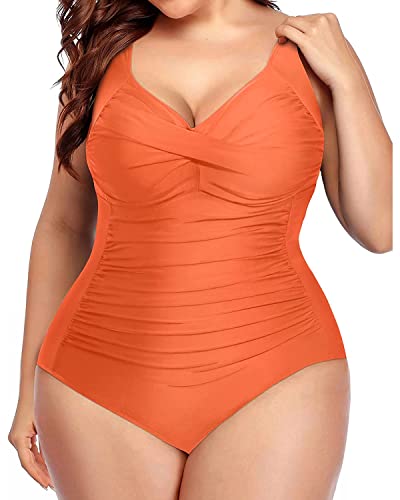 Yonique Women Plus Size One Piece Swimsuits Tummy Control Bathing Suits Twist Front Ruched Swimwear Orange 18W #TOP4