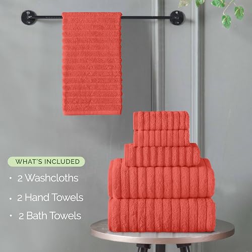 Image of Elegant Comfort 100% Turkish Cotton Corduroy Ribbed Luxury Bath Towels 6-Piece Set, Premium Feel - Quick Dry, Highly Absorbent,Contains 2 Bath Towels,2 Hand Towel, and 2 Washcloths,Coral(Pack of 4)