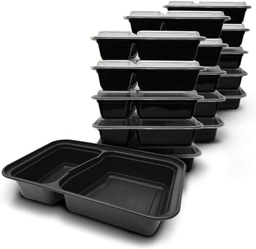 Image of (50 Pack, 32oz) 2 Compartment Plastic Meal Prep Containers - Reusable BPA Free Food Containers with Airtight Lids - Microwavable, Freezer and Dishwasher Safe