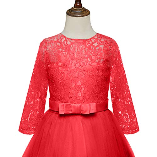 Flower Girl Long Princess Dress Vintage Lace Maxi Gown Kids Formal Wedding Bridesmaid Pageant Tulle Dresses Little Big Girls Elegant Bowknot Dance First Communion Birthday Prom Dresses Red 5-6Y4