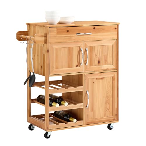 SoBuy Desserte Cuisine à roulettes en Bois Massif – Meuble Cuisine avec Plan de Travail, Range-Bouteilles et Îlot Central Compact pour Cuisine, Salle à...
