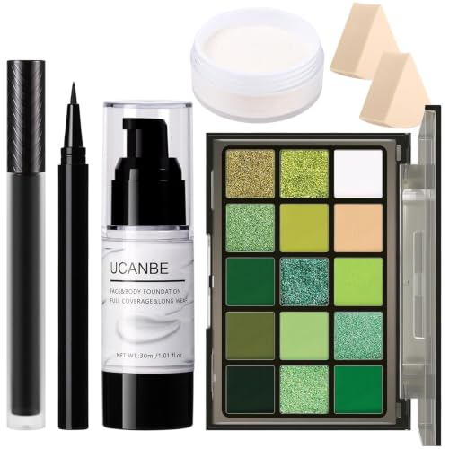 Image of UCANBE Halloween Makeup Kit - 15-Color Green Eyeshadow Palette, White Liquid Foundation, Black Liquid Lipstick & Eyeliner, Setting Powder & Sponges Makeup Set for SFX Cosplay Costume Witch Monster