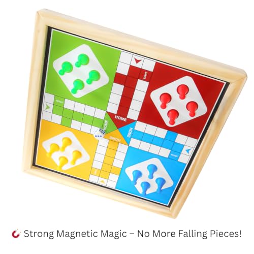Image of THE GAME FACTORY Magnetic 2-in-1 Wooden Ludo and Snake & Ladder Board Game - Premium Travel-Friendly Game Set for Kids & Family - Durable Wooden Board with Bright Colors