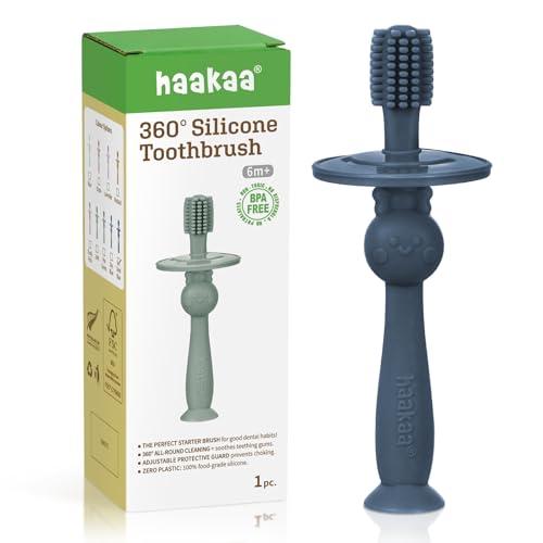 Image of haakaa 360 Baby Toothbrush with Suction Base - Steel Blue | Gentle Cleaning for Infants, Gum Massage, BPA-Free, Food-Grade Silicone, Adjustable Safety Shield, Safe for Babies 6 Months+