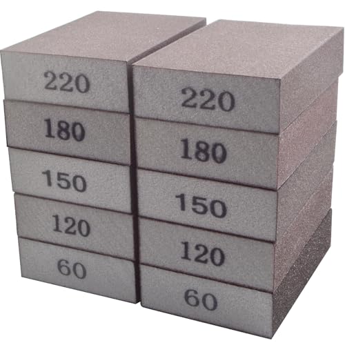 10pcs Sanding Sponge 5 Grits 60/120/150/180/220 Coarse Medium Fine Grit Sanding Block Washable and Reusable Handmade Sandpaper Blocks for Wood Drywall Sheetrock Metal Glazing Polishing
