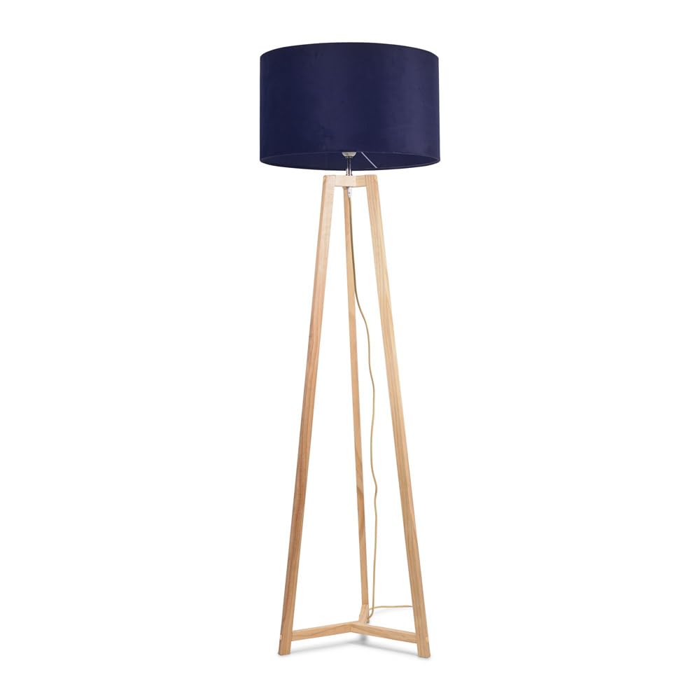 ValueLights | Natural Wood Tripod Floor Lamp with Navy Blue Velvet Drum Lampshade Living Room Light | Floor Lamps, Home Décor & Improvement Essential | Included LED Bulb