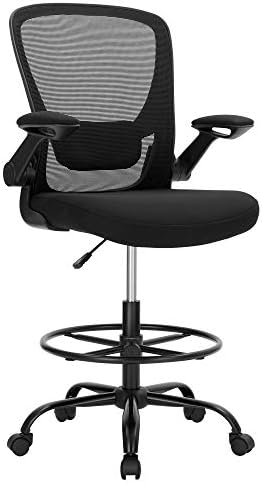 SONGMICS Drafting Chair with Flip-up Armrests, Mesh Office Chair, Ergonomic Painting Chair with Height Adjustable Lumbar Support and Footrest, for Standing Desk, Bar Counter, Black OBN026B02