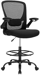 SONGMICS Drafting Chair with Flip-up Armrests, Mesh Office Chair, Ergonomic Painting Chair with Height Adjustable Lumbar Support and Footrest, for Standing Desk, Bar Counter, Black OBN026B02