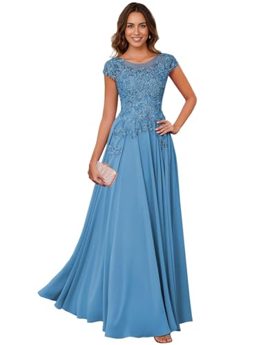 Image of Lace Applique Chiffon Mother of Bride Dresses - Short Sleeve Pleated Long Mother of The Groom Dress