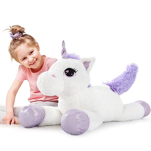 Tezituor Juguetes de peluche gigantes de 32 pulgadas, lindos animales de peluche unicornio blanco, decoraciones de cumpleaños de unicornio para niñas, grandes regalos de unicornio para niños