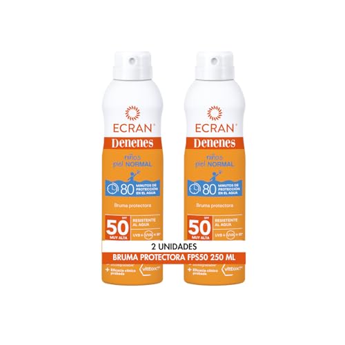 Ecran Denenes - Bruma Protectora FPS 50 para Niños, 80 Minutos de Protección UVB + UVA e IR-A, Con Extracto de Algodón, Pantenol y Vitamina E, Fórmula con VitEox 80, Todo Tipo de Pieles- 2 x 250 ml