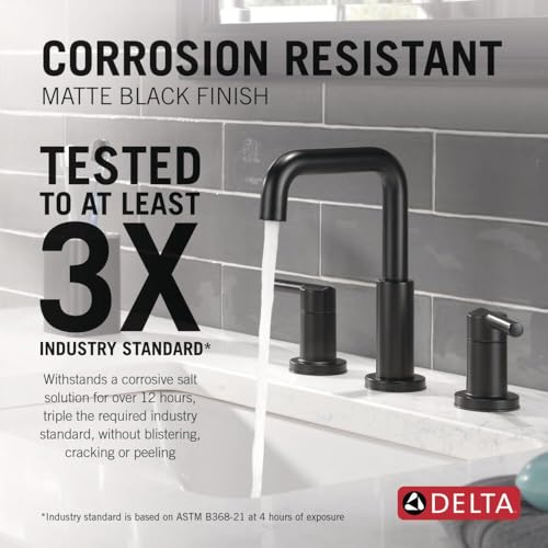 Image of Delta Nicoli Matte Black Bathroom Faucet 3 Hole, 8 Inch Widespread Bathroom Sink Faucet for Vanity, Push-Pop Drain Assembly, Matte Black 35849LF-BL