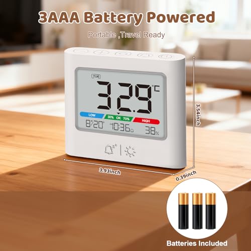 ALANAS Small Battery Alarm Clock, Portable Pocket Size Travel Alarm Clock,Date Temperature Humidity Display, Snooze, Backlight, Wall Mountable, for Student Dorm, Desk, Shelf - Image 5