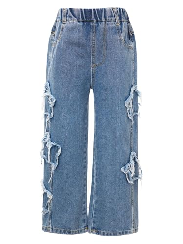 Girls Loose Fit Pants Kids Casual Elastic Waist Ripped Wide Leg Jeans Denim Pants with Pockets4