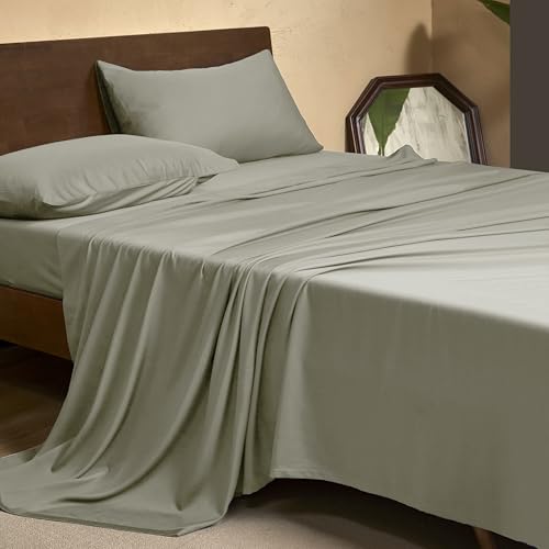 Image of EVERLY Twin Sheets Set Luxuriously 400 Thread Count Organic Rayon Derived from Bamboo Bed Sheet Set,Cooling Sheets for Twin Size 3 Piece Deep Pockets Bedding Sheets& Pillowcases-Light Grey