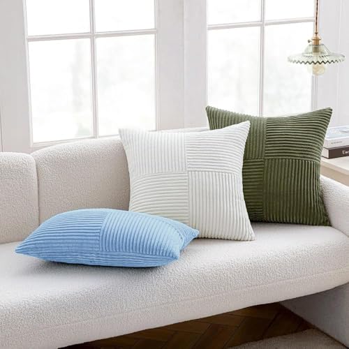 Image of MIULEE Light Blue Decorative Throw Pillow Covers 18x18 Inch for Couch Bed Sofa Pack of 2 Boho Farmhouse Throw Pillows Soft Cross Corduroy Patchwork Textured Cushion Cases