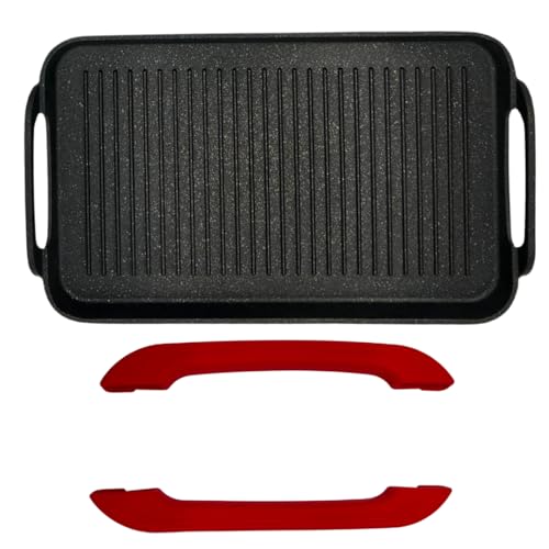 Neware Plancha doble de mármol para todas las estufas antiadherente, 19 x 11.5, aluminio fundido, superficie estriada, asas rojas