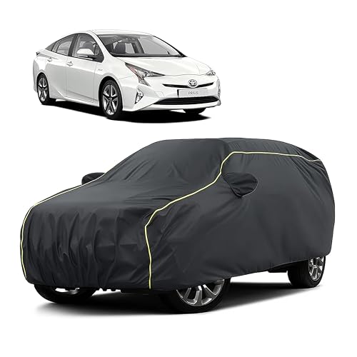 Image of Sulfar 100% Water Resistant Car Body Cover Compatible with Mirror for Toyota Prius (Triple Stitched, Full Bottom Elastic, Dark Grey Taffeta with Yellow Piping)