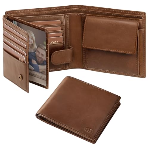 Image of GSG SINCE 1998 Mens Leather Wallet with Coin Pocket, RFID Blocking Genuine Cowhide Bifold Wallet, Large Capacity with 17 Card Slots, 2 Large ID Windows, 2 Note Compartments, Brown