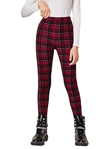 Floerns Girls Plaid Print Elastic Waist Leggings Casual Long Pants