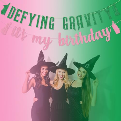 Image of Defying Gravity It's My Birthday Banner for Witch Birthday Party Pink and Green Party Decorations