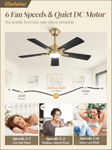 Image of Fanbulous 42 Inch Black and Gold Ceiling Fans with Lights and Remote, Stepless Color Temperature Change & Dimmable 20W LED Ceiling Fan, 6 Speeds Reversible Quiet DC Motor for Bedroom, Living Room