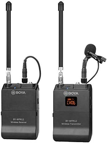12-Channel Wireless Lavalier Microphone for Smartphone Camera, BOYA BY-WFM12 VHF Lapel Mic System for iOS iPhone X 8 7 7plus iPad Canon Nikon DSLR DV Camcorders Audio Recorder Vlog YouTube Video Live