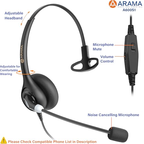 Image of Arama Phone Headset RJ9 with Microphone Noise Cancelling, Telephone Headset Compatible with Polycom Mitel Shoretel Plantronics Fanvil Alcatel-Lucent HUWEI NEC Siemens Aastra Landline Phones
