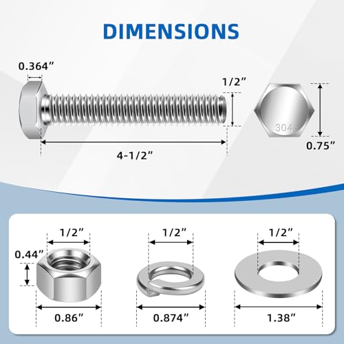 Image of Mellewell 1 /2-13 x 4-1 /2 inch Hex Head Bolts with Hex Nuts and Thick Flat & Lock Washers, Fully Threaded, Stainless Steel 18-8, Plain Finish, 2 Sets
