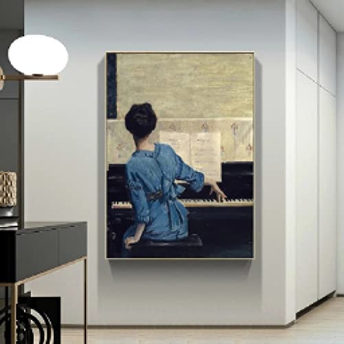 Toile vintage fille au piano pour sublimer la decoration de votre grand salon