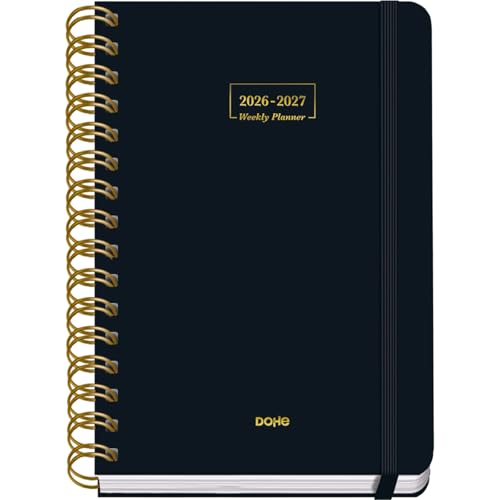 Dohe - 2026 2027 School Planner - September to June, Week to View, A5 (15x21 cm), Soft Hard Cover, Double Spiral, Elastic Band Closure, 2 Pages of Stickers, Spanish and English - Black