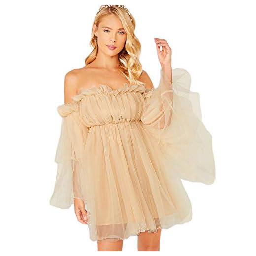 Romwe Women's Romantic Off Shoulder Flounce Long Sleeve Wedding Ruffle Mesh Party Mini Dress Beige, Pastel Large