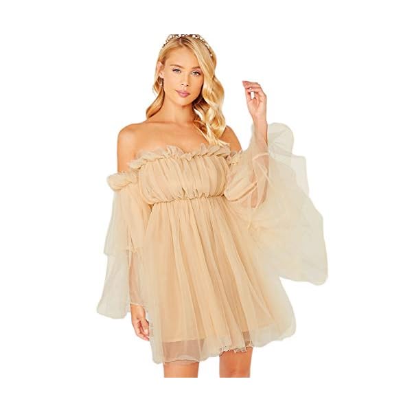Romwe-Womens-Romantic-Off-Shoulder-Flounce-Long-Sleeve-Wedding-Ruffle-Mesh-Party-Mini-Dress Romwe Women's Romantic Off Shoulder Flounce Long Sleeve Wedding Ruffle Mesh Party Mini Dress Beige, Pastel Medium