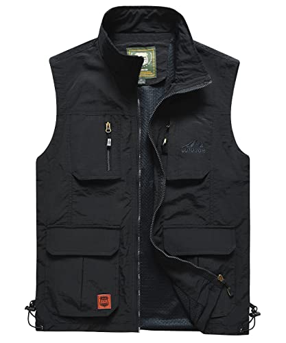 Yukirtiq Mens Multi Pocket Fishing Vest Lightweight Summer Gilet Quick Dry Sleeveless Jacket Waistcoat Dog Training Vest, Black, XL