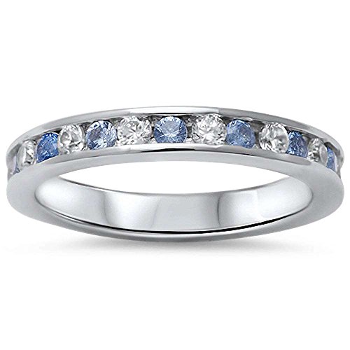 Simulated Aquamarine & Cubic Zirconia Eternity Style Band .925 Sterling Silver Ring Sizes 8