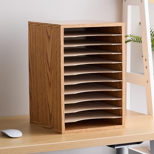 Safco Vertical Desktop Sorter, Wooden Paper Organizer for Home Office and Classroom, 11 Adjustable, Letter-Size Compartments, Medium Oak