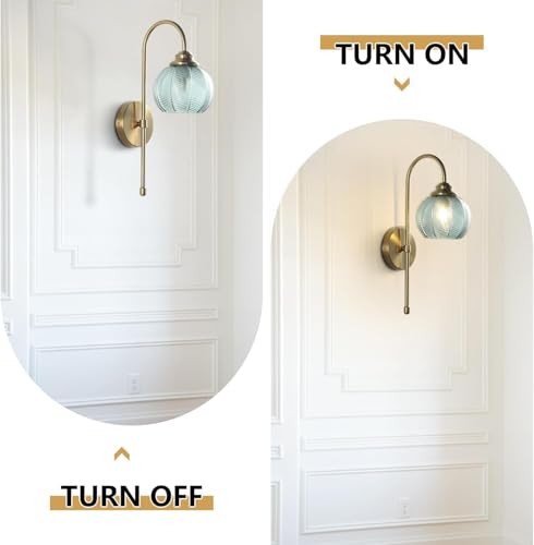 Image of KCO Lighting Vintage Green Glass Wall Light Brushed Brass Wall Sconce Gold Long Swing Arm Wall Light Mid Century Modern Wall Light Unique Bathroom Wall Lamps