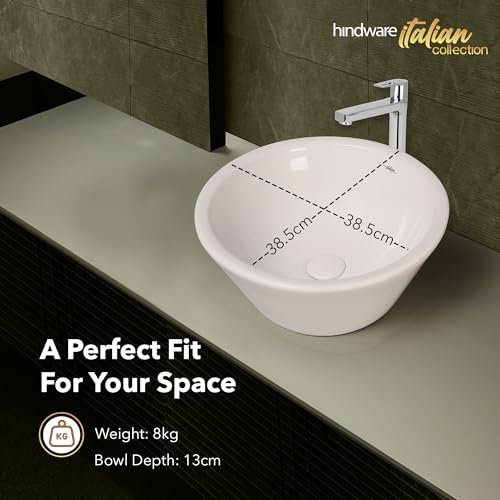 Image of Hindware Italian Collection Crystal Deep Bowl Table Top Wash Basin for Bathroom | Made of Ceramic | Star White | Round Shape | Over the Counter Basin