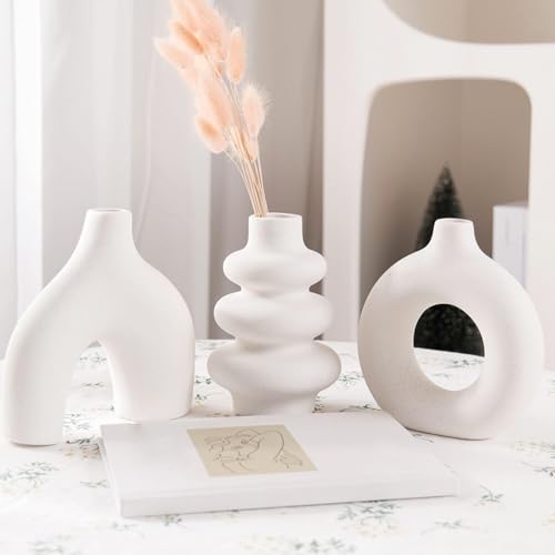 Lot de 3 vases en céramique Blancs Modernes et Ronds pour décoration de Table de Mariage, Salon, Chambre à Coucher, Tables Basses, entrées (Blanc)