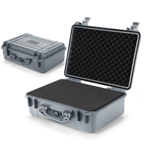 TANGZON Waterproof Protective Hard Case, Shockproof Camera Case with Customizable Foam Insert and Dual Padlock Holes, Flight Case Tool Box for Pistol, Drone & Equipment (Grey, 45 x 34 x 18cm)