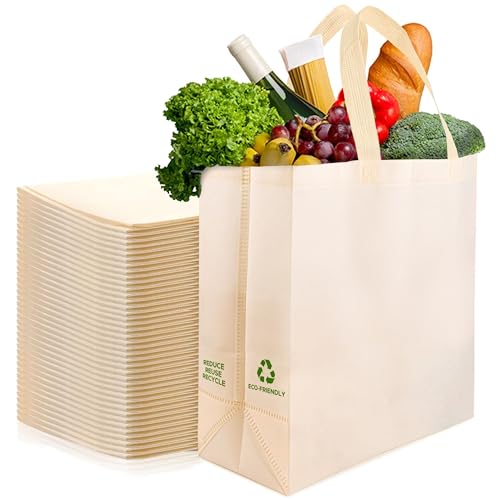Simply Cool 50 Pack Reusable Eco-Friendly Grocery Shopping Bags 12.6'x6.3'x11.8' Durable, Recyclable, Washable, Foldable, Portable Tote Bags Bulk (50 Pack,Cream)