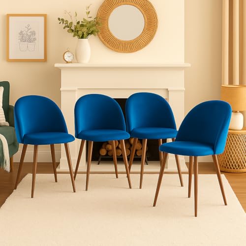 Image of 5-Piece Modern Round Dining Table Set, 35'' Wooden Table with 4 Velvet Upholstered Chairs, Compact Space-Saving Furniture for Small Apartments, Kitchens, and Dining Rooms (Gray Top, Blue)