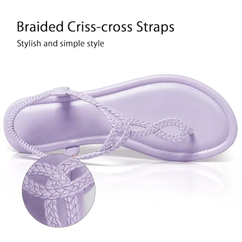 Image of iCKER Womens Braided T‑Strap Flat Sandals Elastic Stretch Ankle Strap | Boho cute casual lightweight and comfort matches dresses for beach vacation