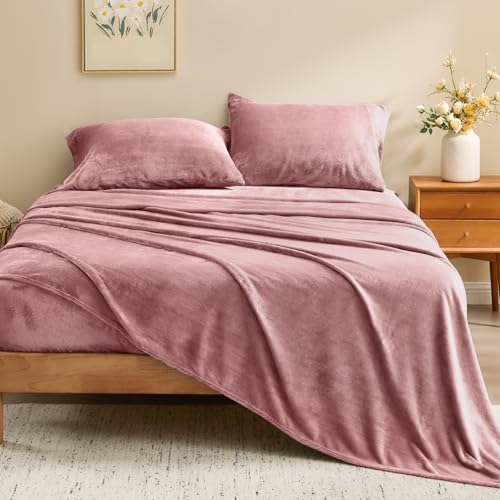Image of BEDELITE Flannel Sheets Queen Size Dusty Pink - Super Soft Fleece Sheets Set Fluffy Extra Plush, 4 Piece(Include Fitted Sheet, Flat Sheet, 2 Pillowcases)