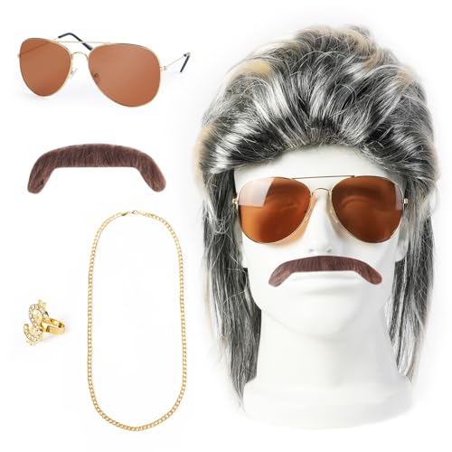 Aomig Peruca homem anos 80, 5 peças conjunto de acessórios disfarce com óculos de sol e metal colar, perucas hippie acessórios de de cavalo para Halloween acessórios punk cosplay festa carnaval